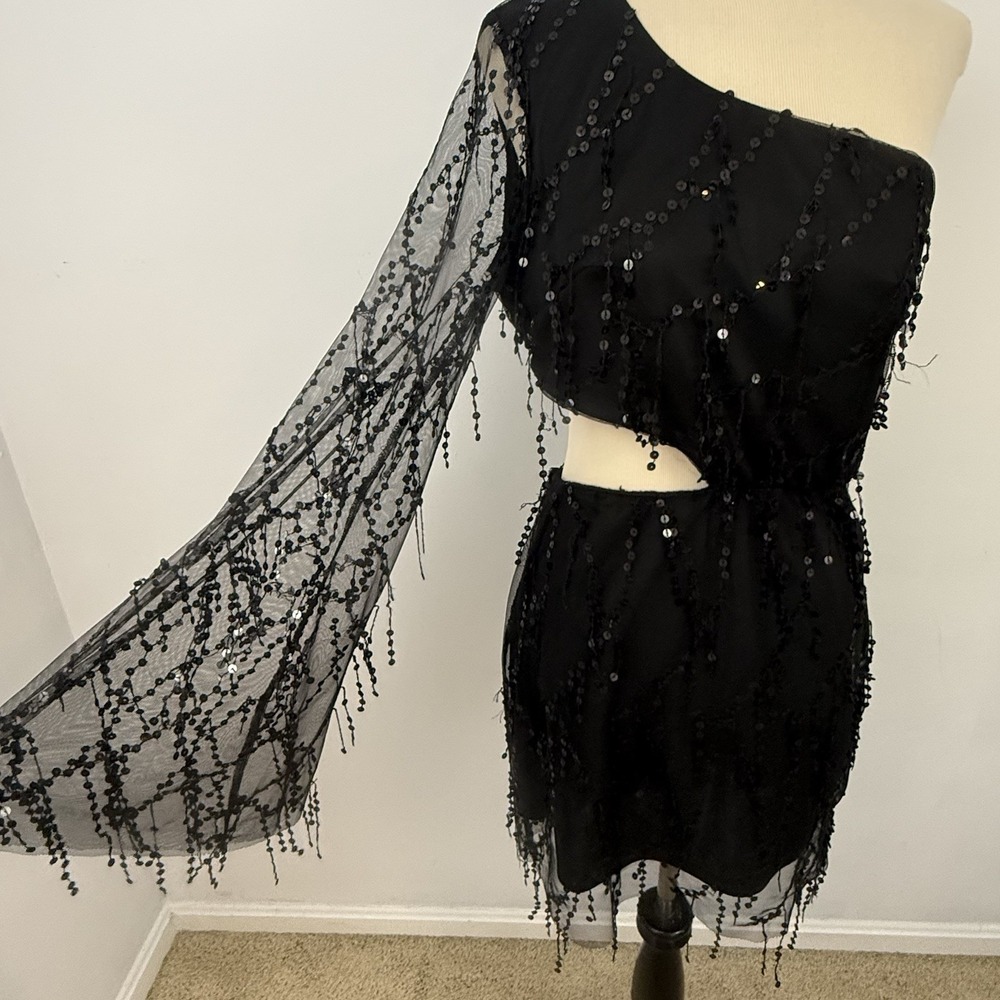 LUCY IN THE SKY Black Sequin One Shoulder Mesh DRESS L HOCO Whimsigoth Vamp Sexy - Picture 10 of 16